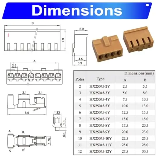 Connecteurs femelles de JAE 2.5mm JST-JAE le kit de connecteur de 2.54mm, JAE-2.54 le logement de 2/3/4/5/6/7/8/9/10Pin (YO-JAE2.5)