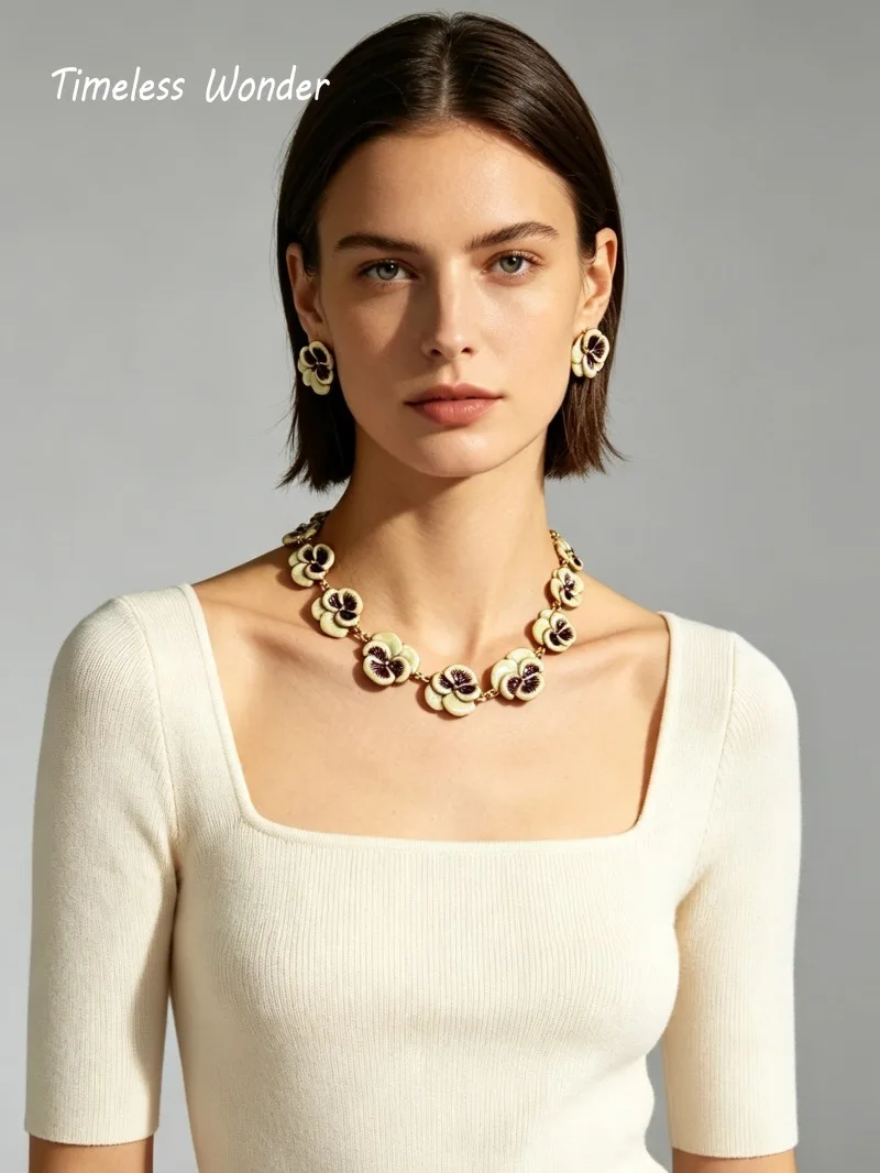 Timeless Wonder Fancy Enamel Zircon Floral Pave Necklace N Button Earrings Women Designer Jewelry Set Trendy Rare Neat 4612
