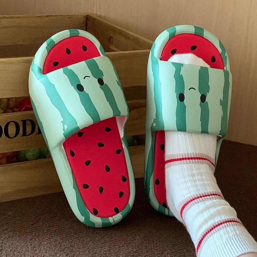 New Watermelon Slides Shoes Women's Soft EVA Slippers Non-Slip Thick Sole Home Beach Shoes Summer Novelty Fruit Striped Slipper