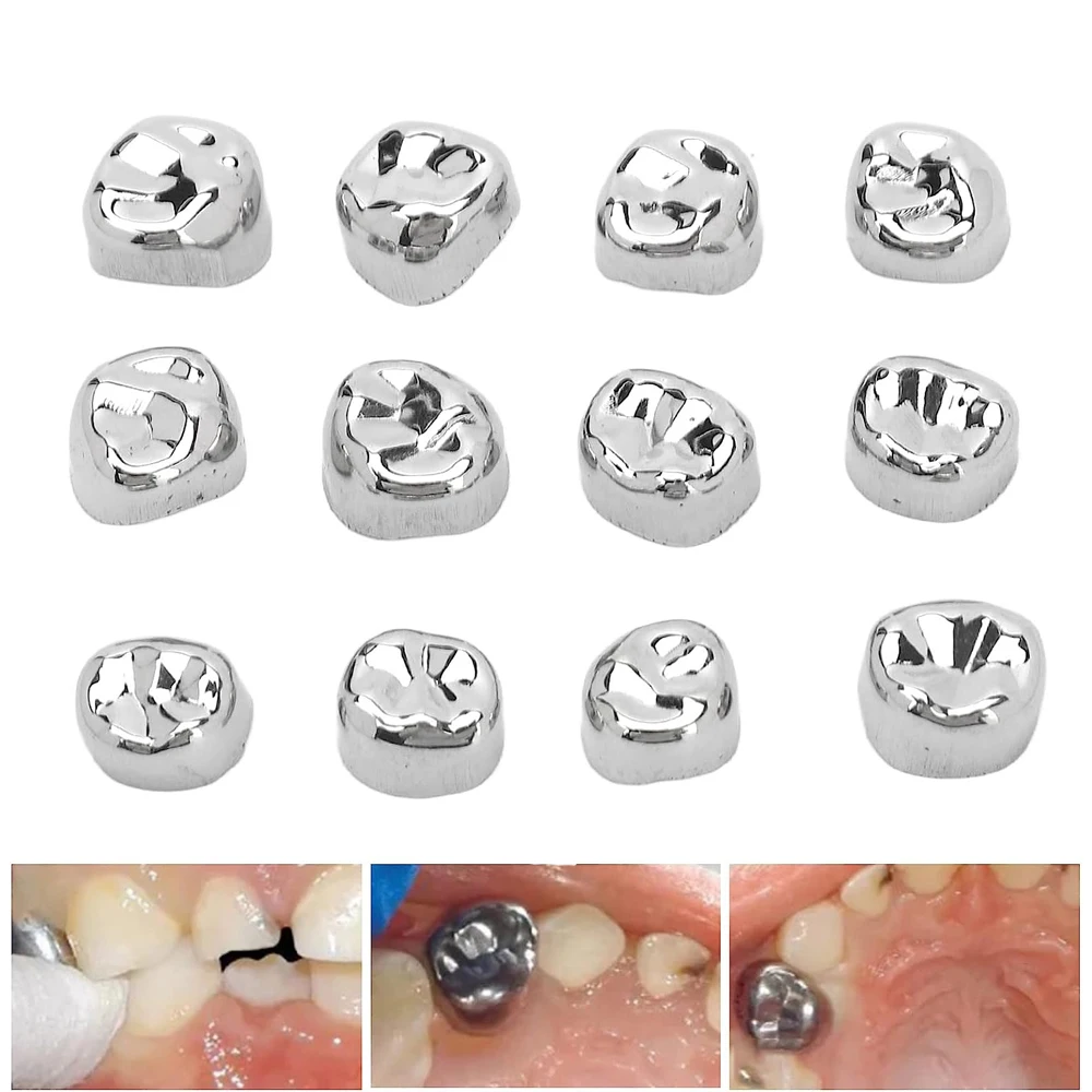 PIORPOY 12 Pcs Dental Molar Metal Crowns Temporary Crown Veneers Material Stainless Steel Restore Chewing Function Dentistry