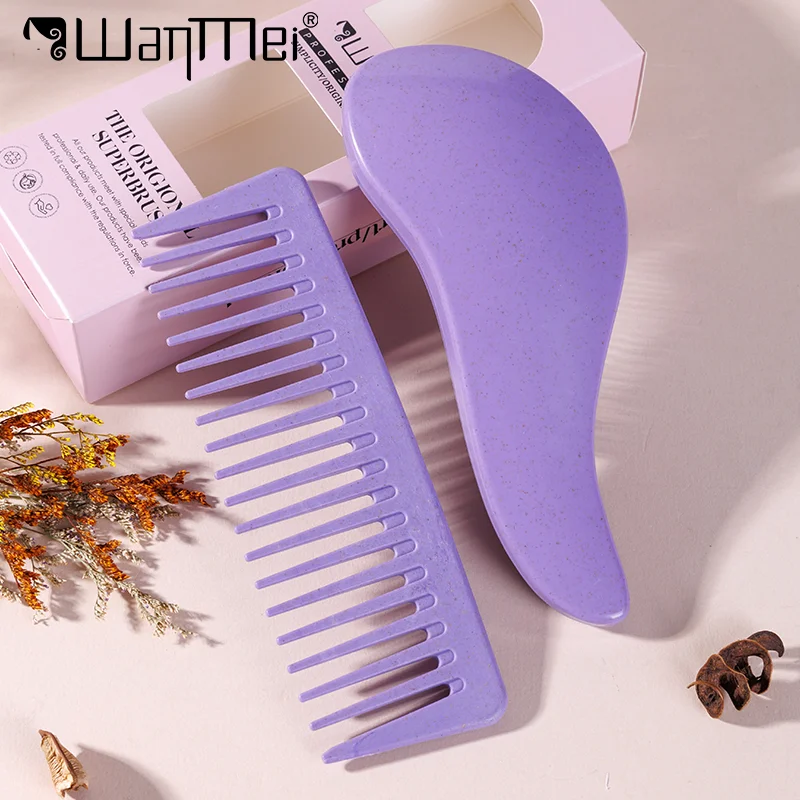 2pcs Magic Detangling Comb Set Soft Eco-friendly Wide Teeth Wheat Straw Hairbrush Scalp Massage Grooming Brush Salon Styling Kit