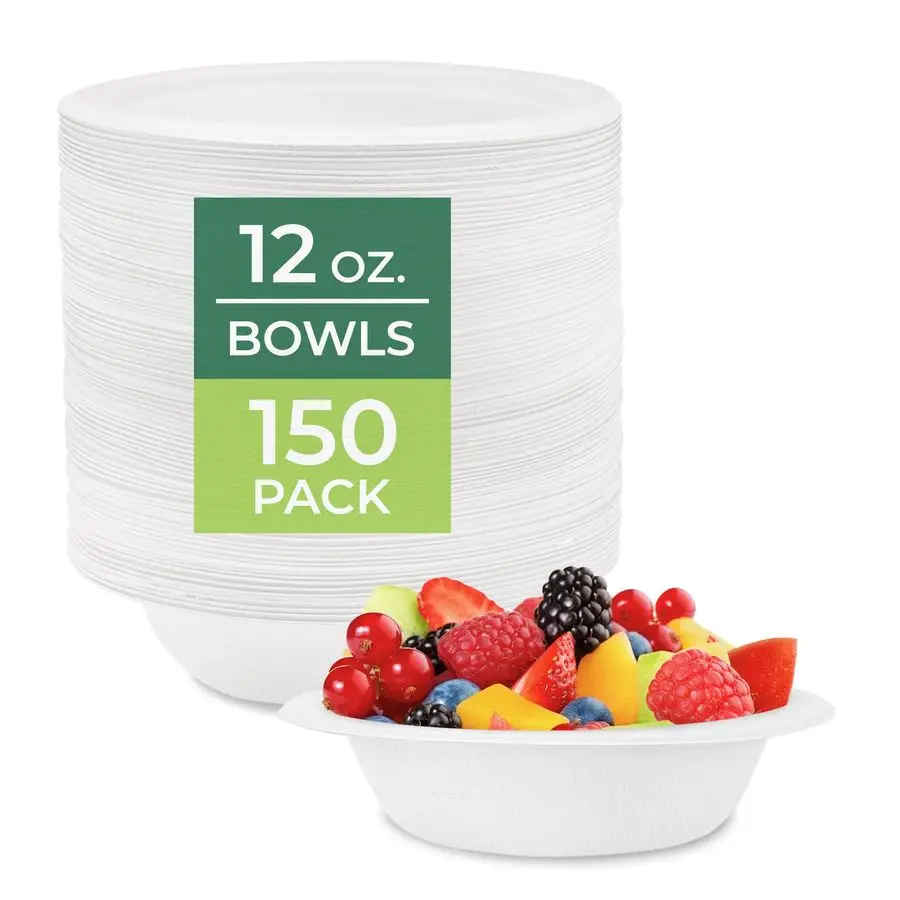 

Paper Bowls Disposable 12 oz. Soup Bowl, 150Pack Biodegradable Sugarcane Fiber Serving Bowls Heavy Duty Bagasse for Hot Food Pla