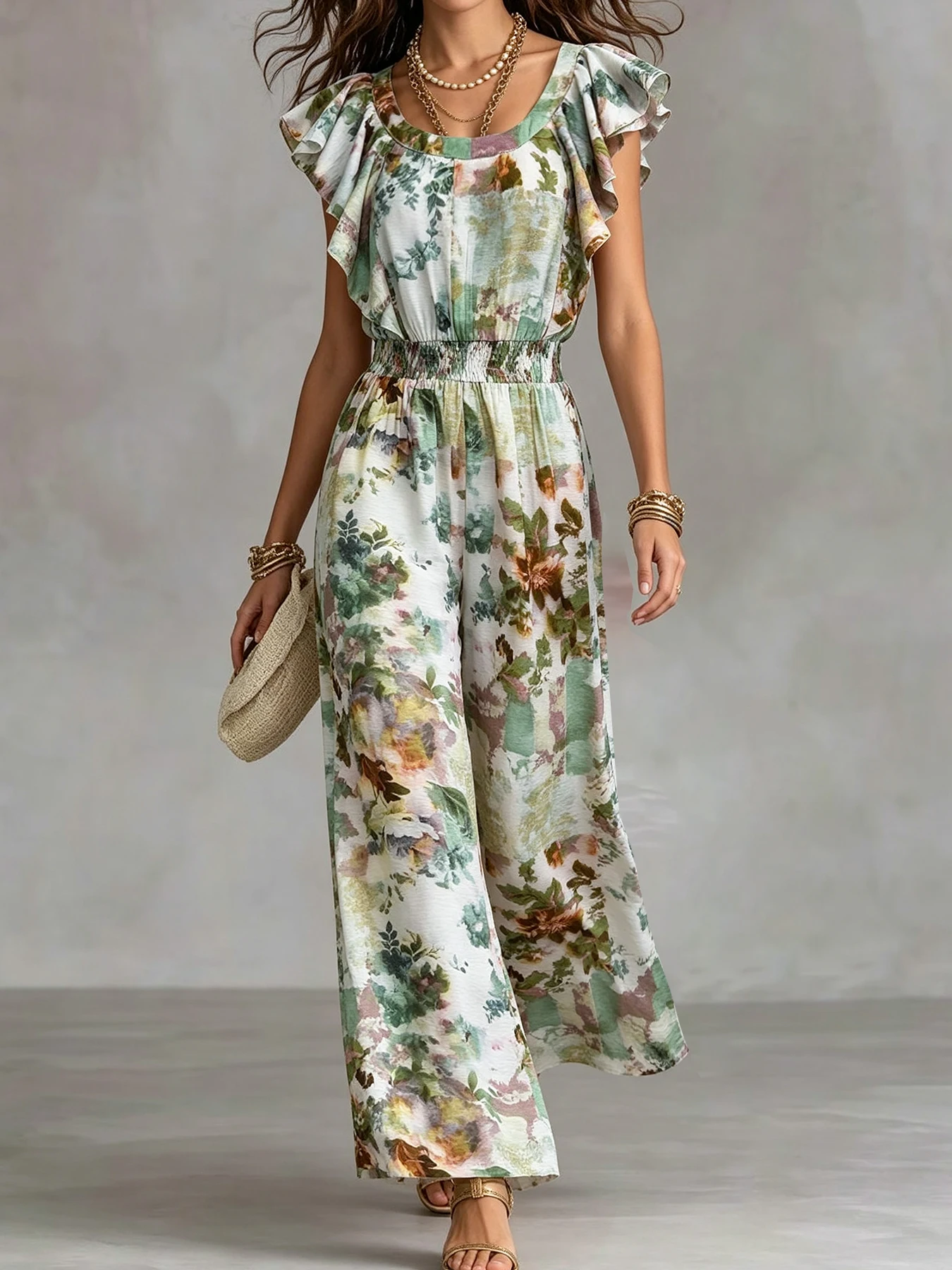 Blue White Ikat Print Sleeveless Square Neck Ruched Elastic Waist Palazzo Jumpsuit For Women
