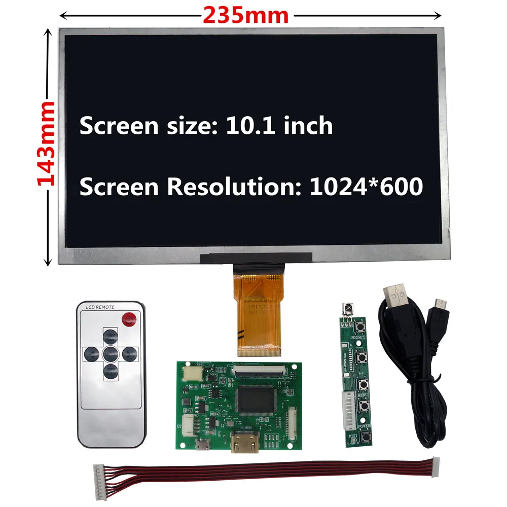 Layar Display LCD TFT 10.1 Inci 1024*600 dengan Papan Kontrol Driver Jarak Jauh Hdmi-kompatibel untuk Raspberry Pi 3 Oranye