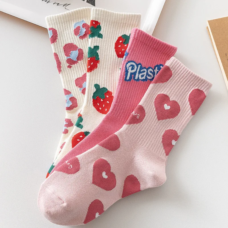 4/8 Pairs New Women's Fashionable All-match Cute Middle-tube Socks Comfortable Spring Autumn Pink Letter Love Strawberry Socks