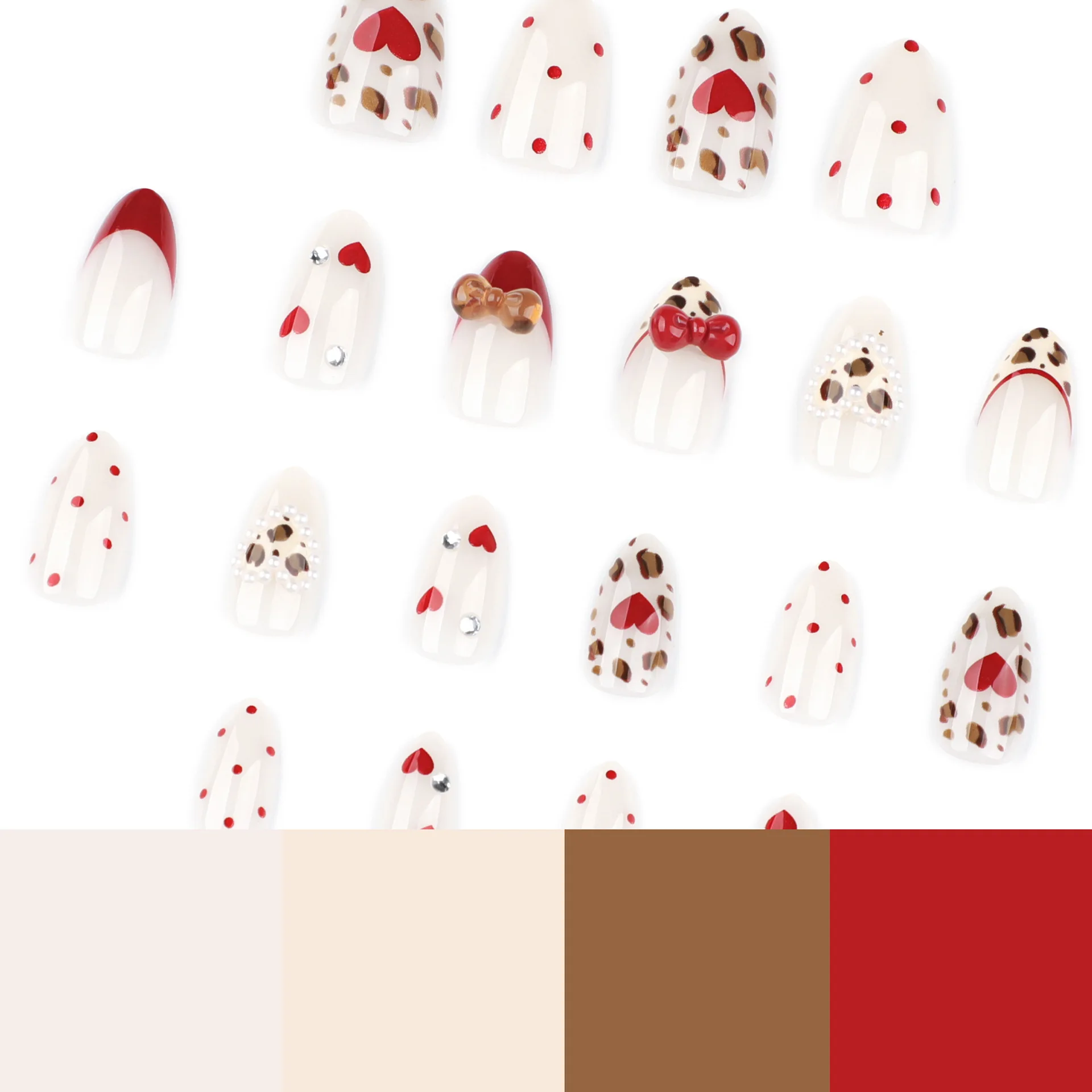 24 szt. Sztuczne paznokcie w stylu japońskim, kokardki 3D, dekoracje w kształcie serca z perłami, naklejane paznokcie, słodkie, stylowe, wzór w panterkę, francuski manicure.