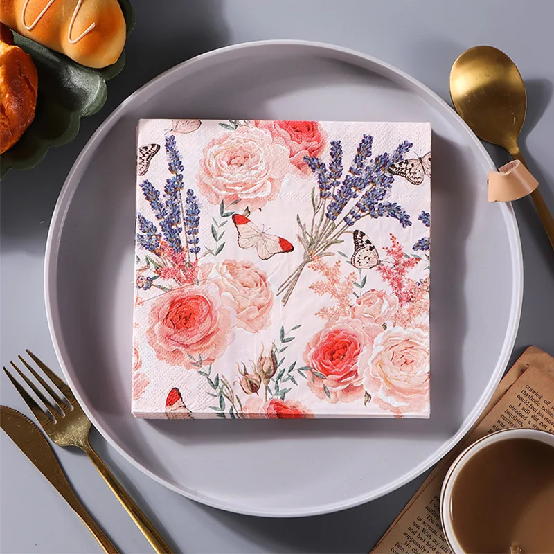 20Pcs 2Ply 33cm Pink Floral Napkins Rose Lavender Butterfly Disposable Paper Napkins for Wedding Bridal Shower Party Decor
