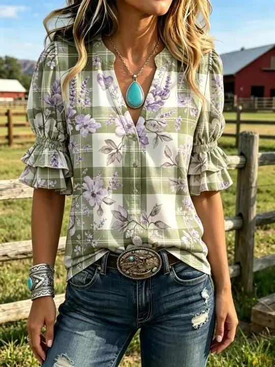 Women Plaid Floral Blouse Notched V‑Neck Button Front Double‑Layer Ruffle 3/4 Sleeve Cowgirl Farm Casual Loose Shirt Top view 4