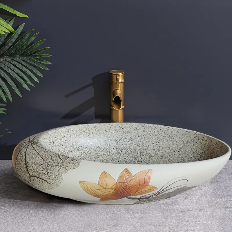 for Antique Artist Household Washbasin Carved Lotus Oval Ceramic Large Basin New Chinese Style