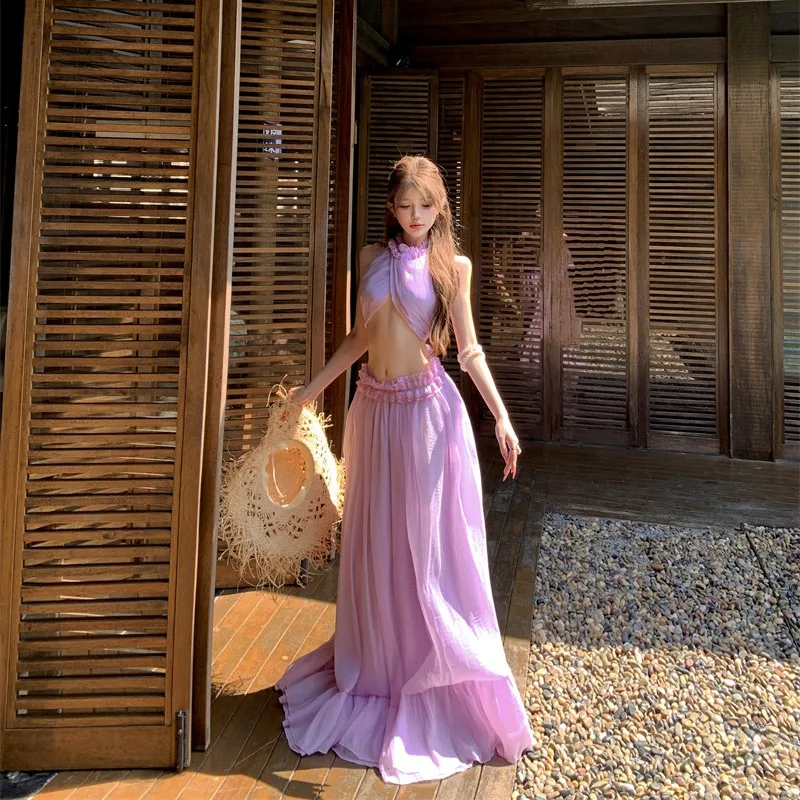 

Spring 2026 Women's Vaion Faion Set Sexy Ne Hanging Top Chiffon flong Skirt Lightweight Floral Chic Four Seasons