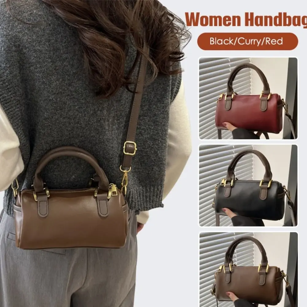 

Trendy French Style Bowling Bag Large Capacity Elegant Boston Shoulder Bag Cute PU Leather Cylindrical Bag Women