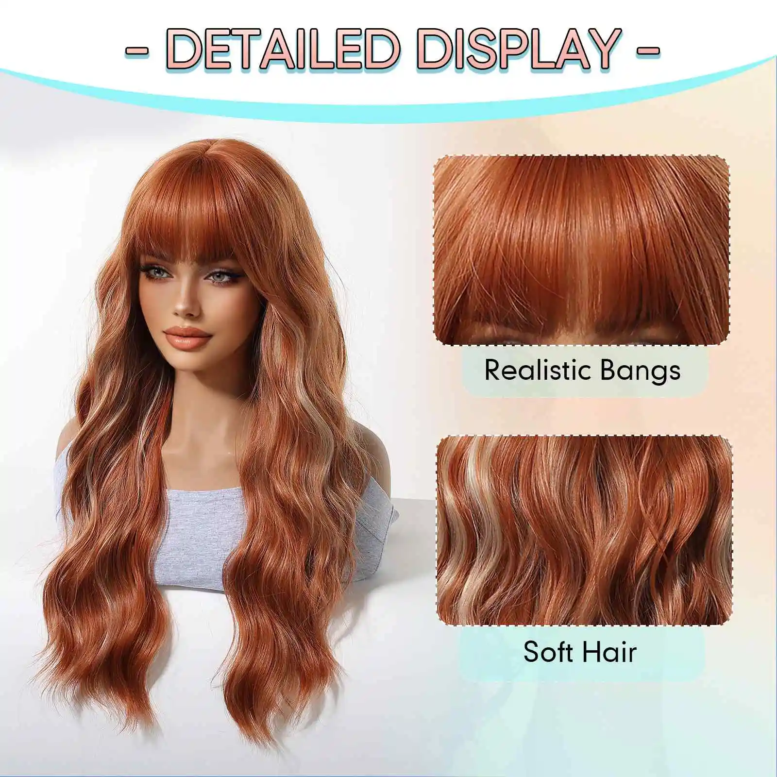 Copper Red with Blonde Highlight Long Wavy Synthetic Wig with Bangs Heat Resistant Natural Looking for Women Daily Party Wear