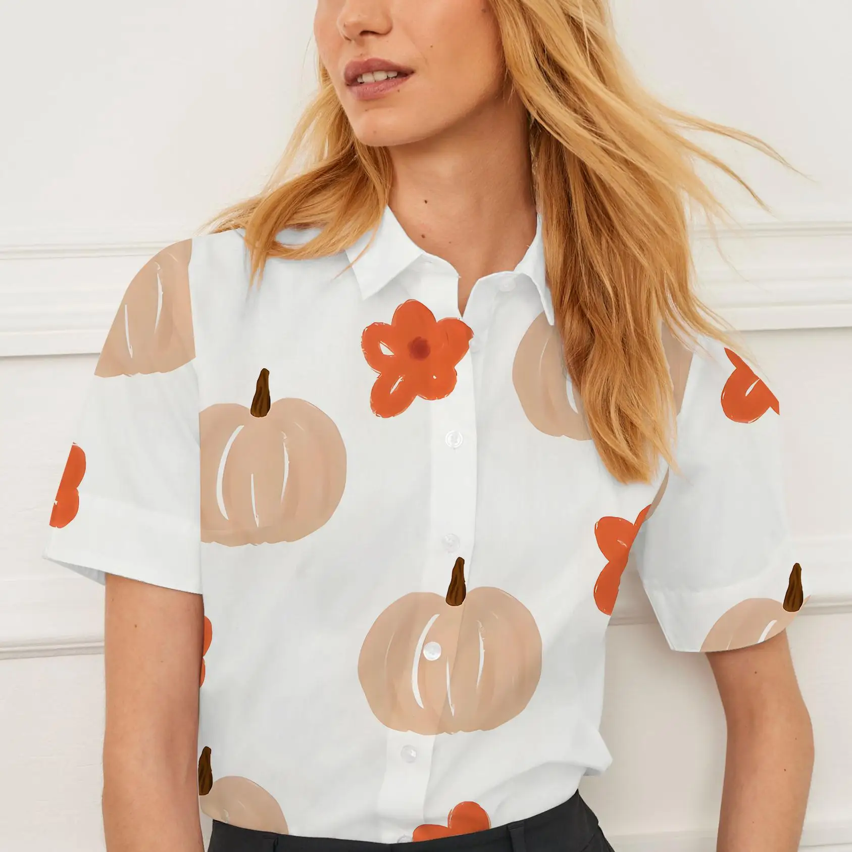 

Summer women's shirt casual short sleeve lapel Christmas pumpkin print pattern women's top personality fashion women's clothing