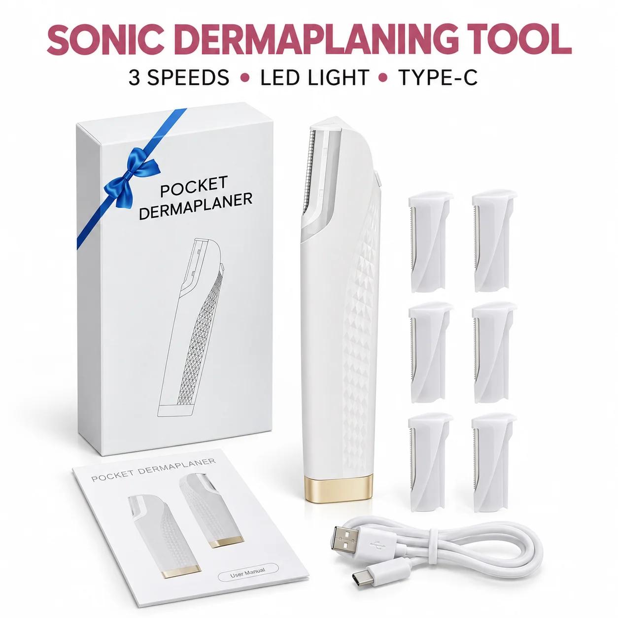 Rechargeable Sonic Dermaplaning Tool for Women 3 Speed Electric Facial Hair and Peach Fuzz Remover with LED Light