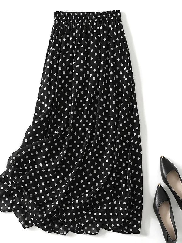 

Korean Japanese Sle Women's A-Line Midi Skirt with Inner Large Flounce Polka Dot Print Casual Summer Skirt