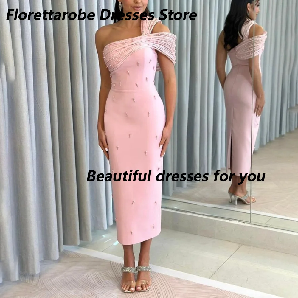 

Fashion One Shoulder Evening Dress Customized Midi Straight Beaded Jersey Tea Length Prom Gown Elegant Back Slit Party Dresses