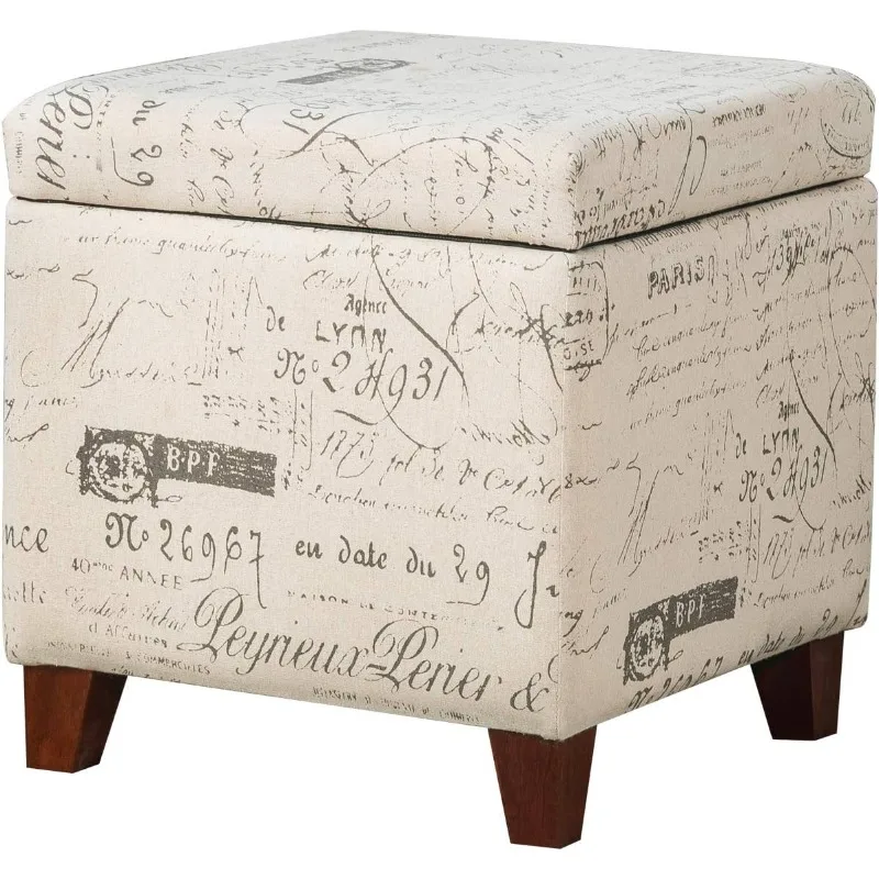 Fabric Script Pattern Cube Storage Footstool, Hinged Lid, Solid Wood Legs, 18