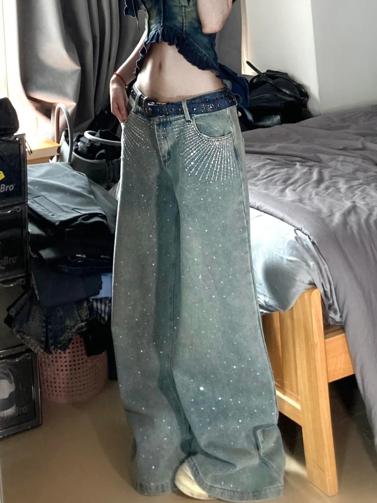 HOUZHOU Vintage Rhinestone Jeans Women Y2k Baggy Kpop Gyaru Blue Denim Pants Korean Fashion High Waist Streetwear Wide Leg Jeans