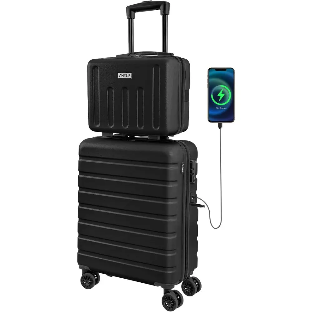 

21 & 14 Lightweight Hardshell Luggage Set with USB Port, TSA Lock & Wheels for Travel or Kids (2-Piece, Black)