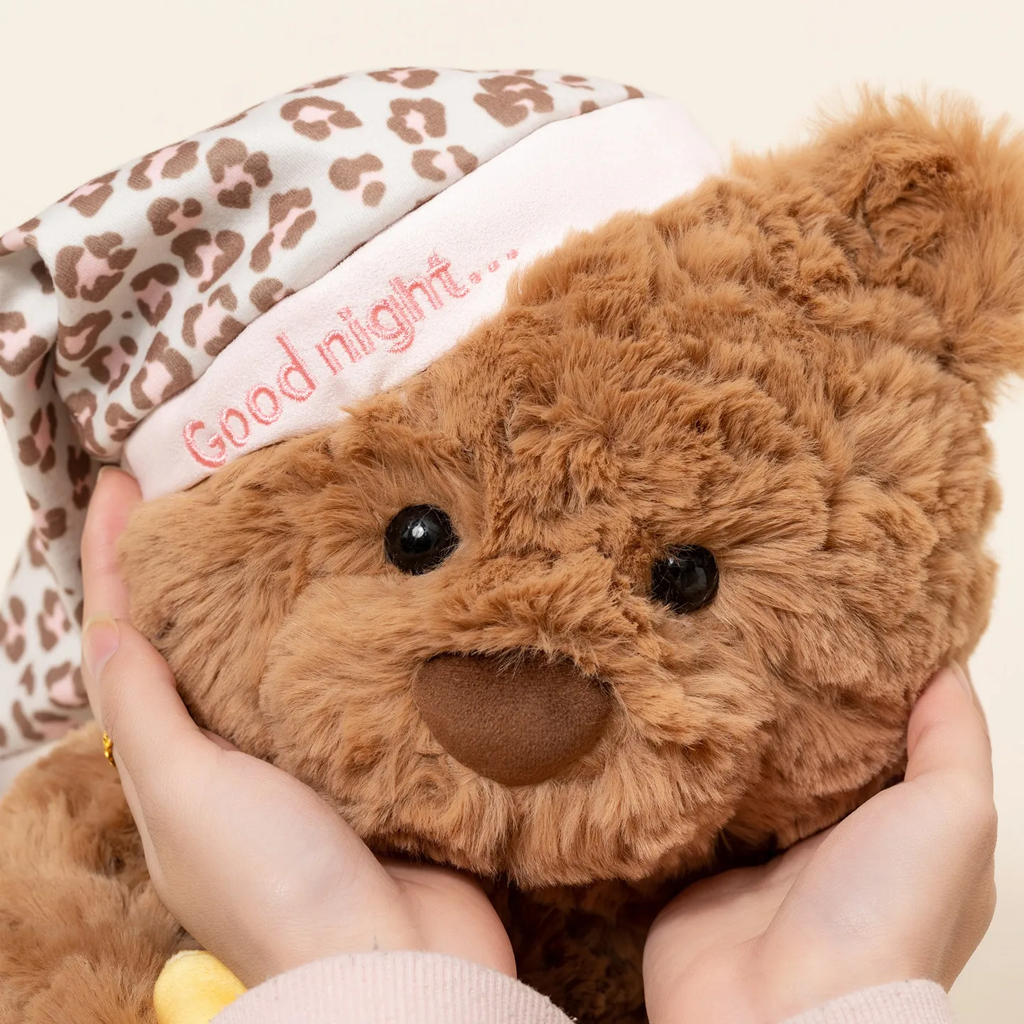 Teddy Bear Plush Toy Brown Soft Stuffed Bear With Good Night Leopard Print Cap Decorat Sleeping Hug Pillow Adult Surprise Gift