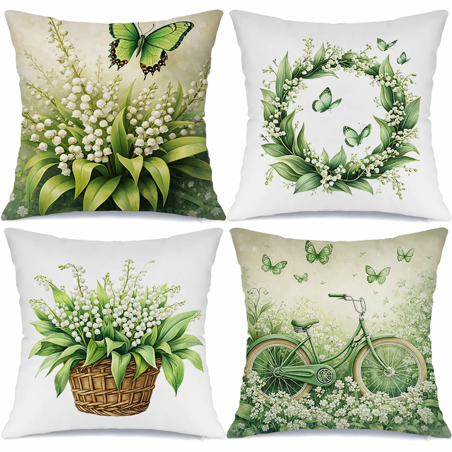 Watercolor Lily of the Valley Pillow Covers, Butterfly & Bicycle Floral Decorative Throw Pillow Cases, Serene Cottage Home Decor
