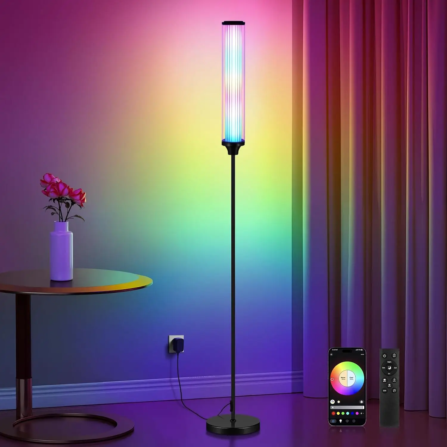 

Smart RGBCW LED Color Changing Floor Lamp for Living Room & Bedroom, App & Remote Control, 12W 1500LM Black