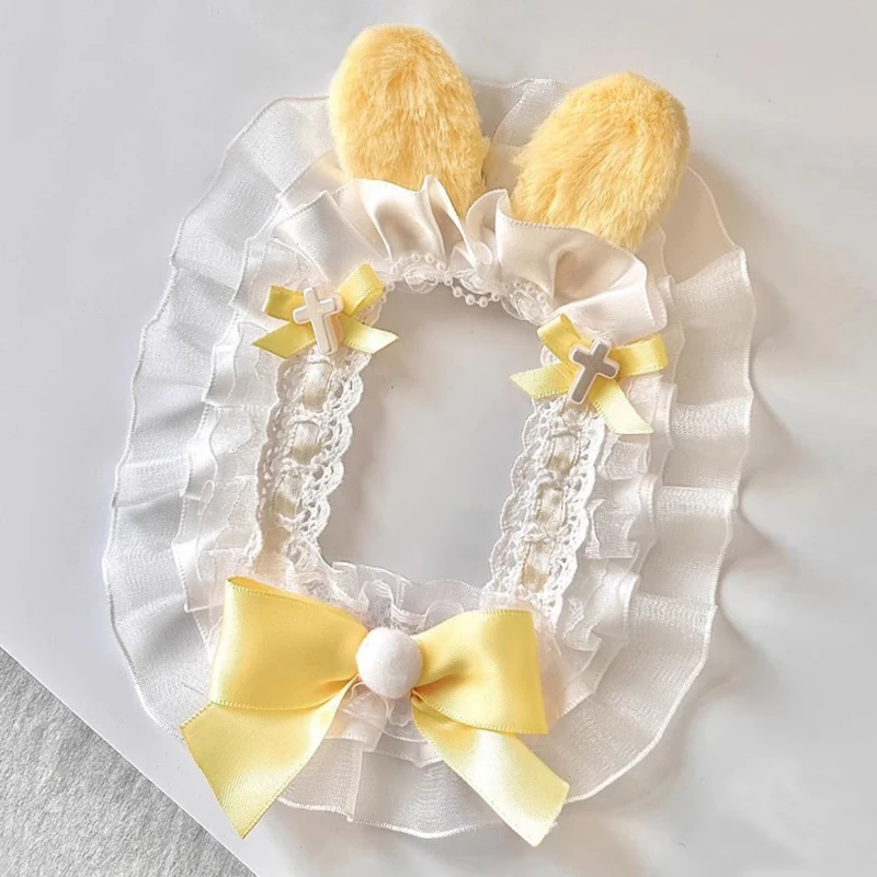 Handmade 3 Inch PVC Photo Frame, Plush Bunny Ear Ornament, Multi‑Layer Lace Ruffle Trim, Satin Bow Decoration, Pom‑pom Ornament, Fabric Lace Photo Display Frame, Decorative Frame for Collectible Cards and Photo Display