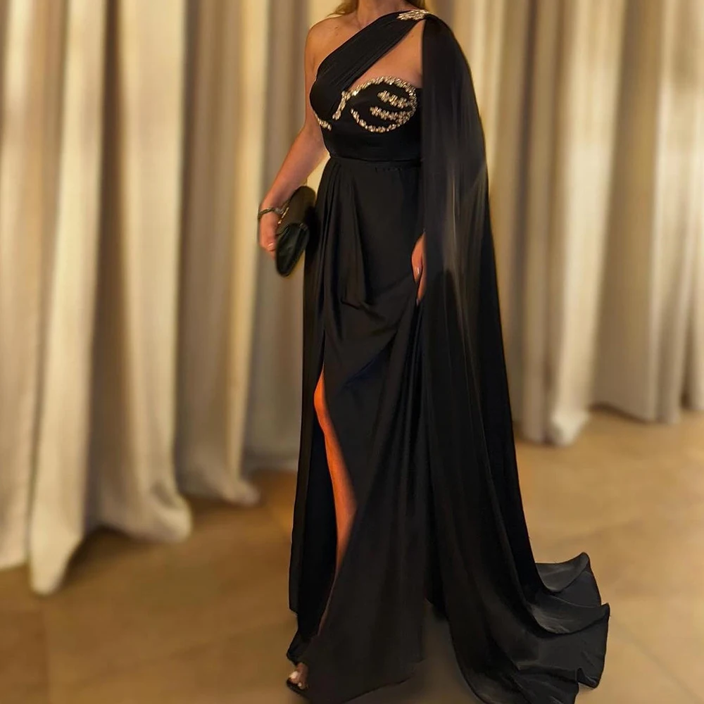 Customized Exquisite Watteau Train One Shoulder Pleats Crystal Evening Dress Temperament Front Slit A-Line Satin Party Gown