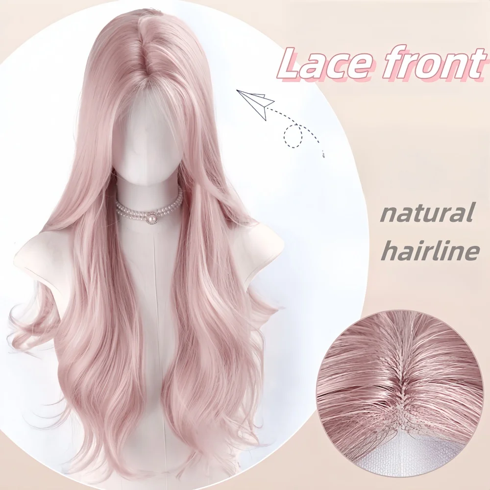 Rosa Perücke für Frauen, lange gewellte Cosplay-Perücken, natürliche, weiche, süße synthetische Perücke für den täglichen Gebrauch, Schulleben, Lolita-Perücke, Rosa – Detail 2