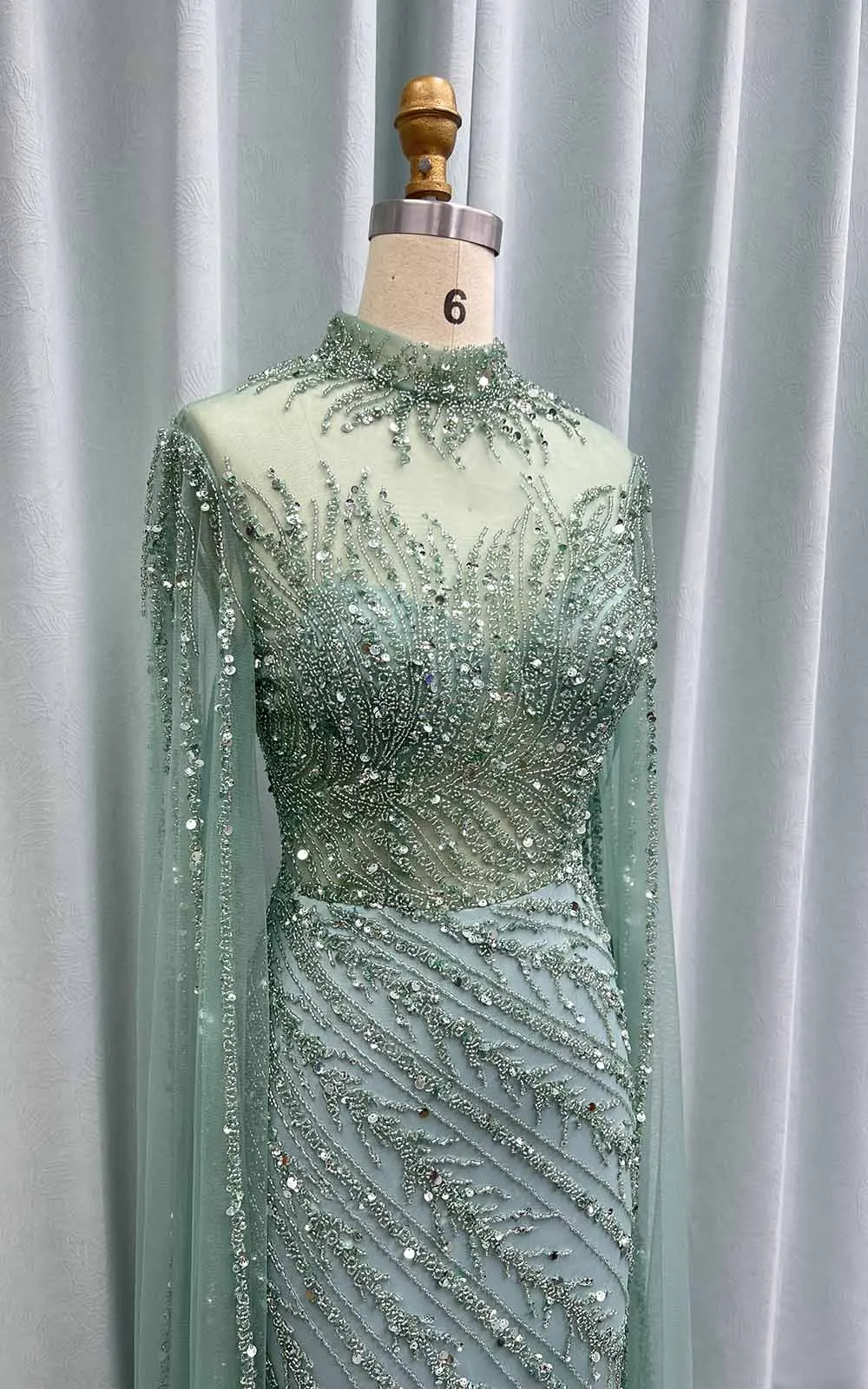 YQLNNE Luxury Saudi Arabia Crystals Evening Dresses With Cape Sage Green High Collar Beaded Long Mermaid Weddding Party Gown