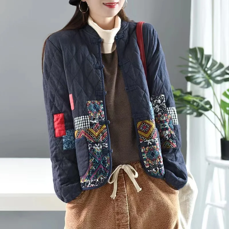 Hot Autumn Winter Arts Style Women Long Sleeve Vintage Short Coat Patchwork Cotton M-5XL Linen Single Breasted Thicken Jackets