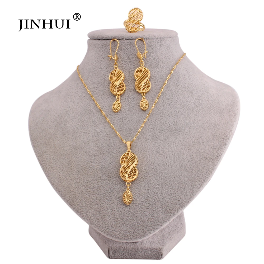 Ethiopian gold plated jewelry african dubai bride wedding luxury gifts necklace Pendant earrings ring jewelry sets for women