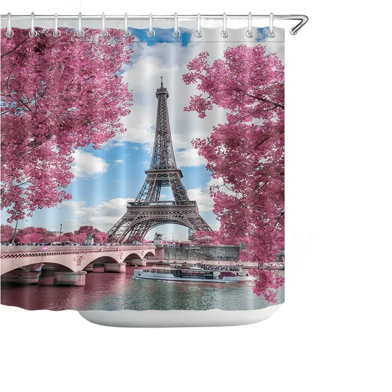 

Pink Leaves Romance Paris Eiffel Tower Fabric Shower Curtain