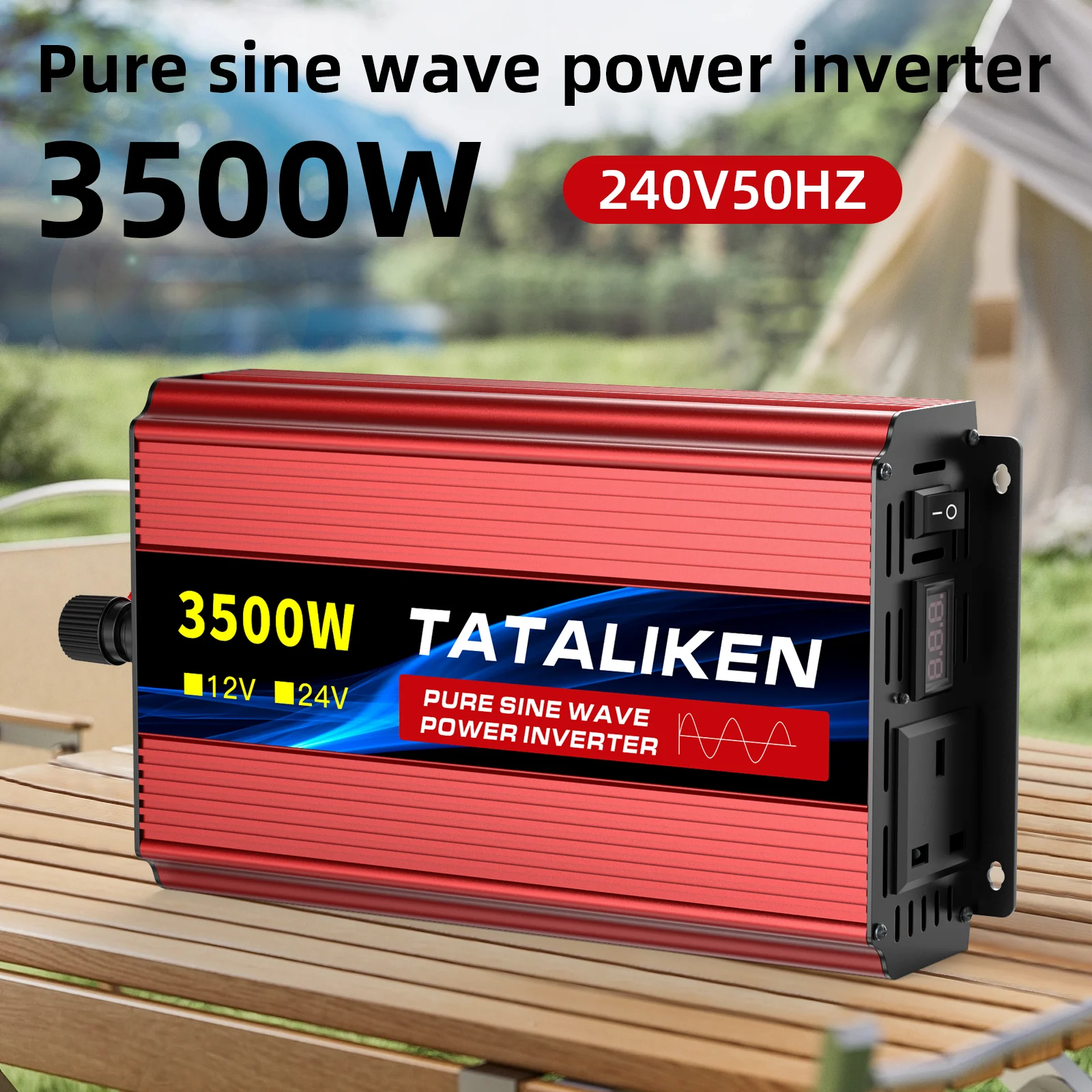1600W Car Inverter Pure Sine Wave 240V Converter LCD Voltage Display Dual British Standard Outlets Thermostat Controlled Fan