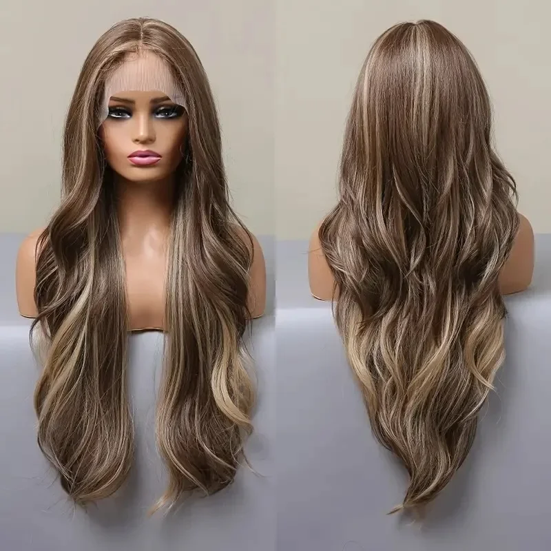 13x4 Lace Front Wig, Machine Made Middle Part Long Big Wavy Synthetic Wig for Women, Multi Color Highlight Full Head Wig