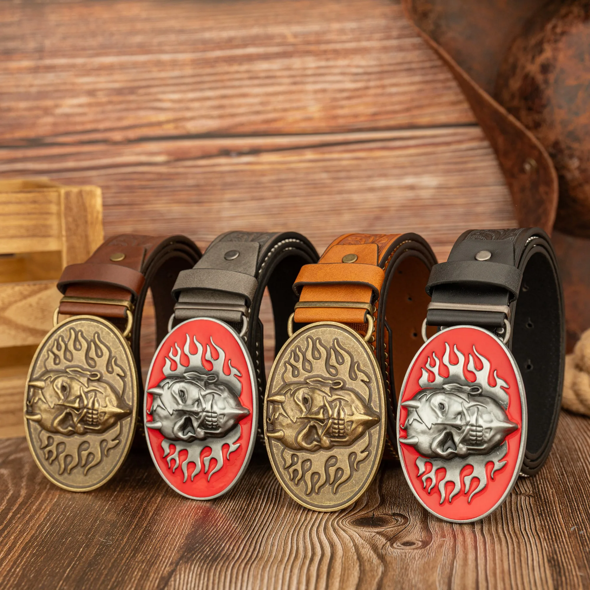 Elliptical Flame Skull Zinc Alloy Buckle PU Leather Embossed Rivet Belt for Halloween Easter Party Holiday Gifts