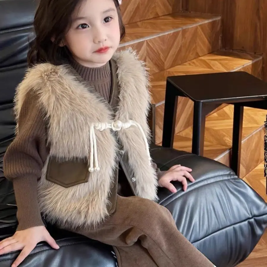 Winter Childent Loose Bow Coat Thick Warm Artificial fur Vest + Tshirt+ bell-bottoms Pants Cotton Girls Jacket Casual Outwear