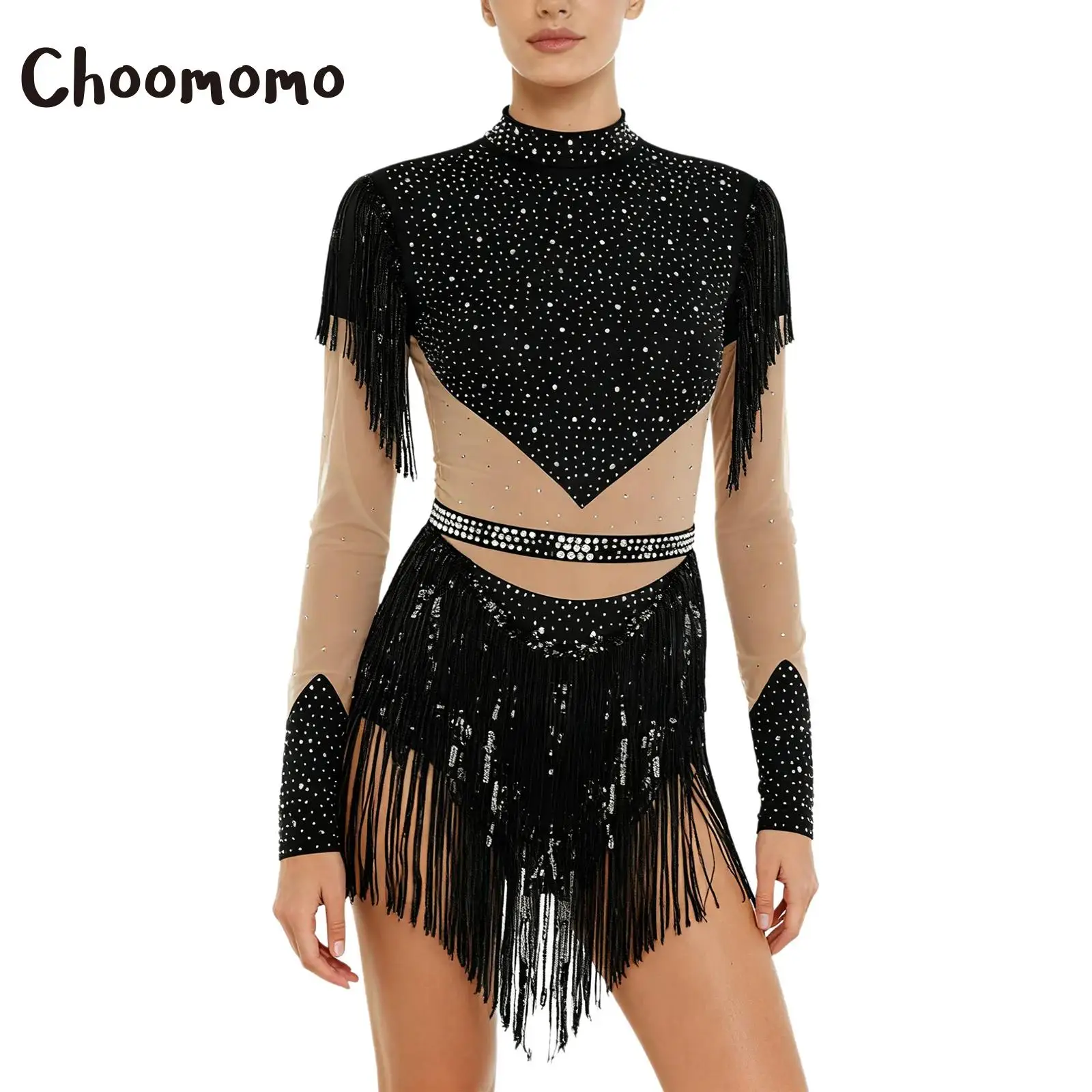 

Womens Figure Skating Leotard Dress Rhinestone Gymnastics Skirted Bodysuit Sequin Tassel Long Sleeve Latin Jazz Stage Dance Wear