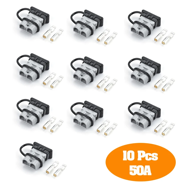 10 Pcs 50A 600V 6-12AWG Plug Connectors For Anderson Style With Dust Cap Cover Lips Silver plated Solid Copper Terminals Plug