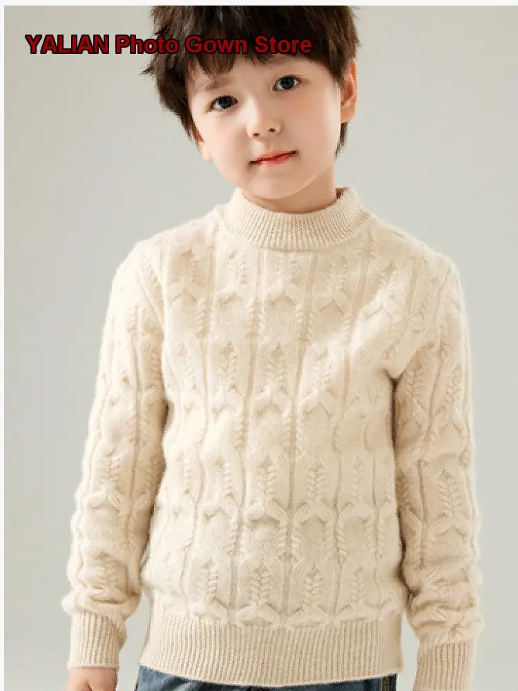 Kids Pure Wool Sweater Boys Girls Autumn Winter Cable Knit Round Neck Thickened Pullover