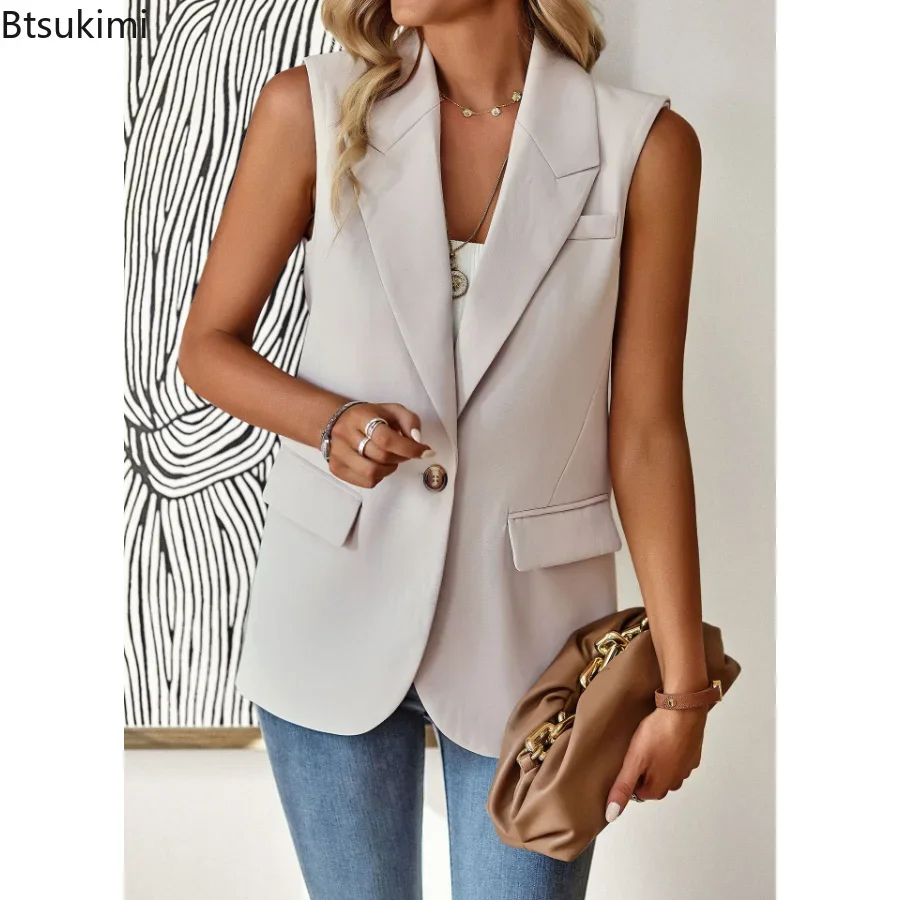 Vests for Women Single Button Lapel Collar Vest Blazer Sexy Sleeveless Solid Colors Sleeveless Korean Vest Business Jacket Coat