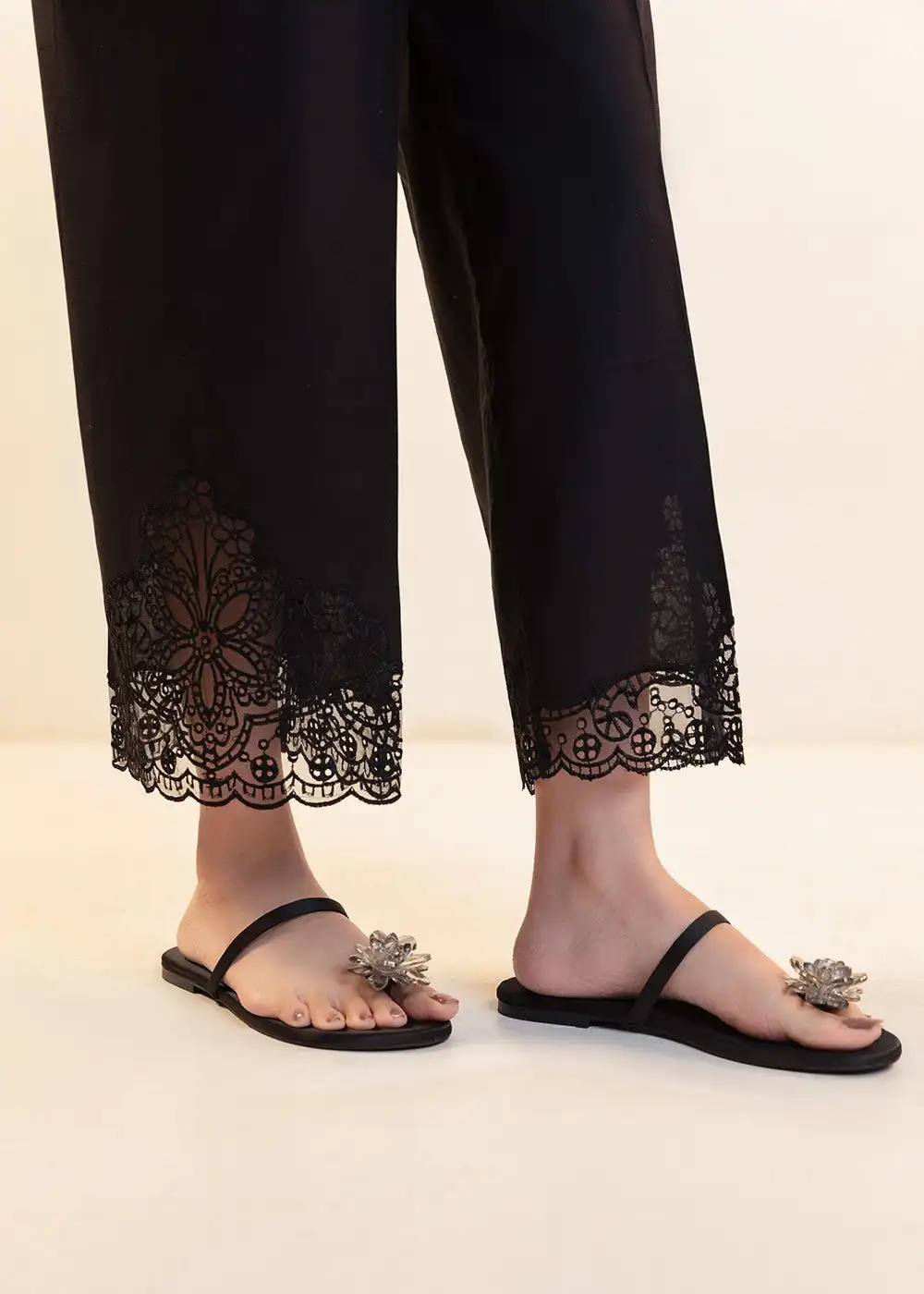 

Pakistan Women's 100% Cotton Black Hollow out Summer Pants Comfortable Breathable Solid Color Wide Leg Trousers