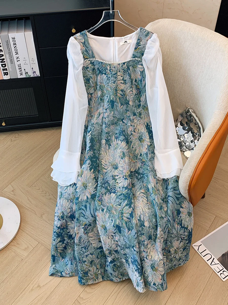 

150Kg Plus Size Women's Bust 147 Autumn Long Sleeved Floral Square Collar Dress 5XL 6XL 7XL 8XL 9XL