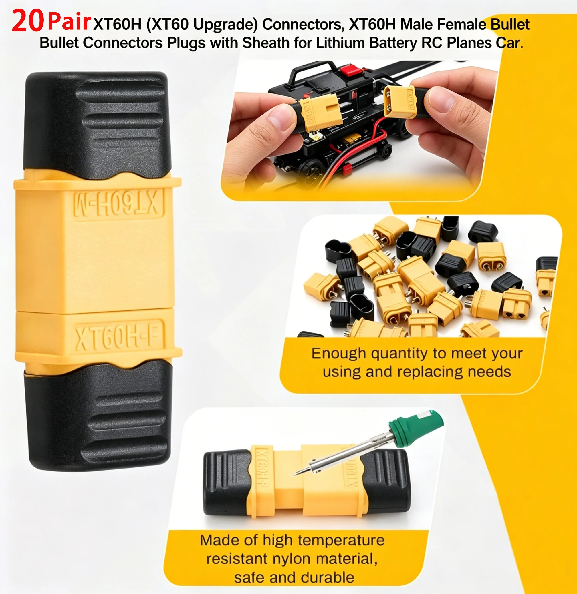 

XT60H (XT60 Upgrade) Connectors 20Pairs XT60H Male Female Bullet Connectors Plugs with Sheath for Lithium Battery RC Planes Car