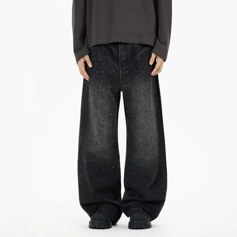 

Black Gray Heatmelting Rhinestone Straight Men's Jeans New Trendy American Style Loose Denim Wide Leg Long Pants