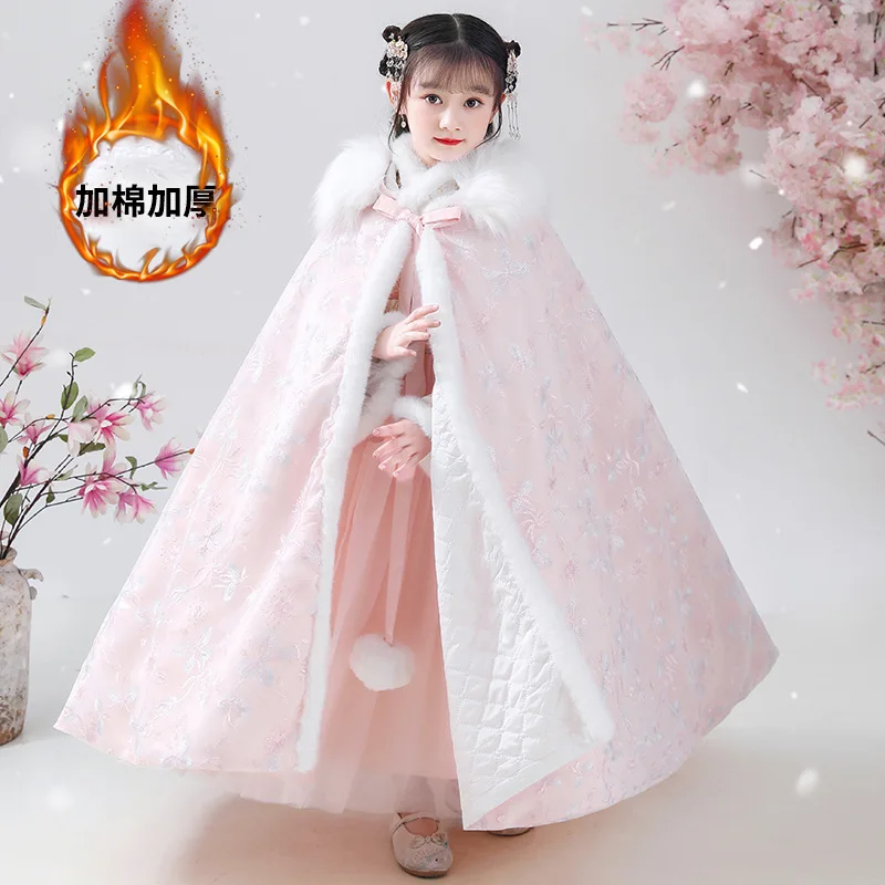 Hanfu Mädchen Kostüm Cheongsam China Neue Jahr Frühling Festival Kleidung Winter Verdickung Robe Warm Leistung Blume Kid Kleider