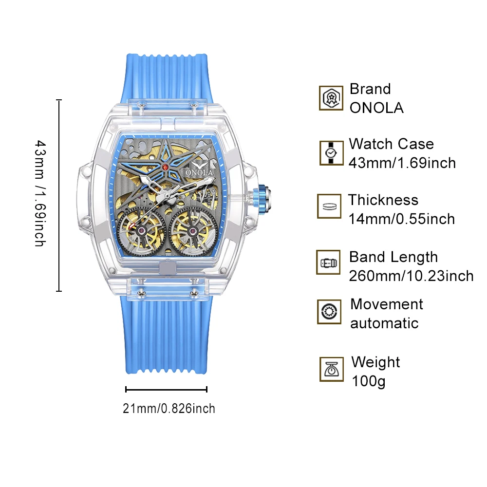ONOLA Men's Transparent Mechanical Watch Blue Rubber Strap Skeleton Dial Automatic Watch