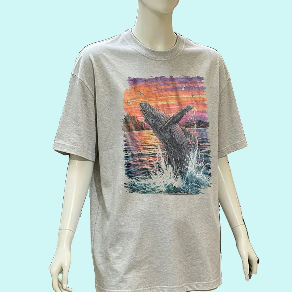Vintage Humpback Whale Sunset Graphic Tee Ocean Giant Breaching Illustration T Shirt Retro Marine Life Aesthetic Tops