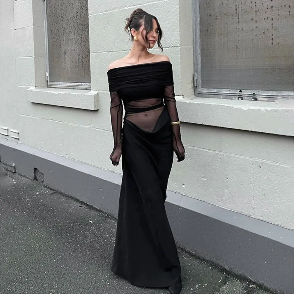 

New Dress Sexy Slim Temperament Fashionable Woman Clothes High Waist Long Sleeve See-through Mesh One-shoulder Party Dresses