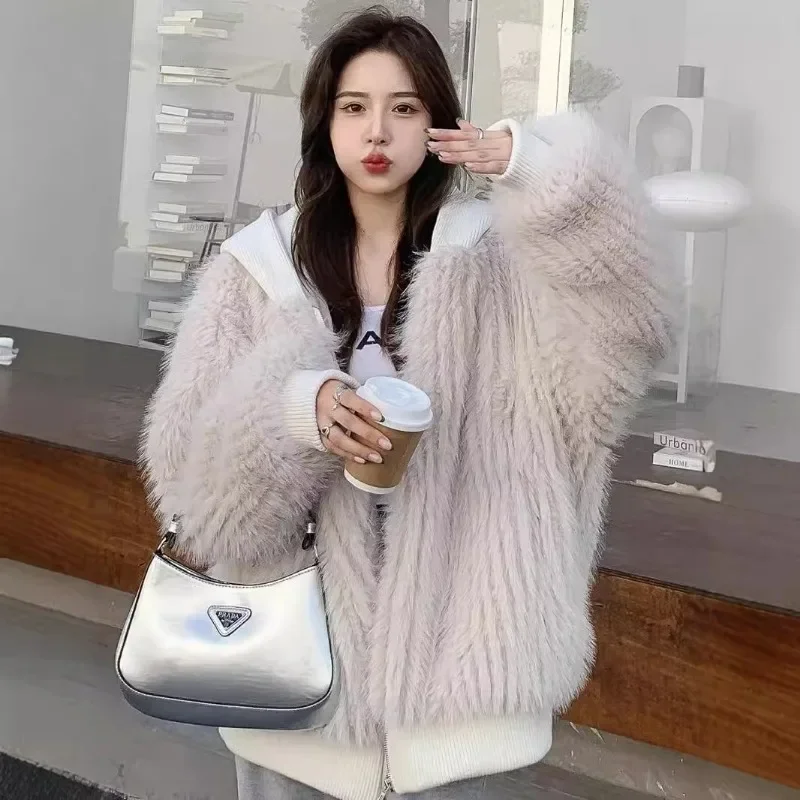 المرأة مع غطاء محرك السيارة سحاب أكمام طويلة الموضة الكورية 2025 الخريف الشتاء فضفاضة عادية شعر أشعث لينة الدافئة فو الفراء معطف #4